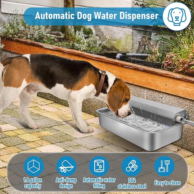 Automatic Water Dispenser for Dogs, 6L /1.6Gal Stainless Steel Dog Water Feeder with Brush, Water Trough Feeder for Outdoor Puppy Livestock, Auto Pet Cats Drinking Waterer Self-Filling for Chicken