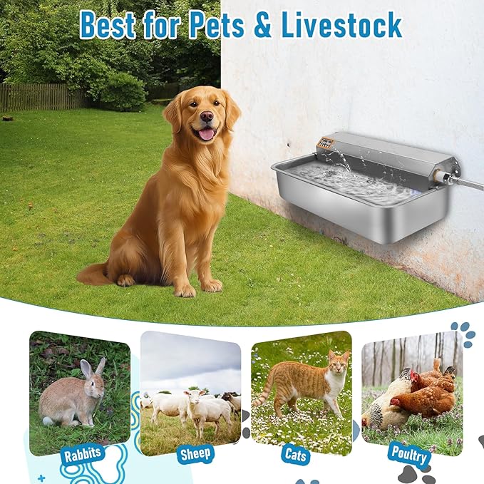 Automatic Dog Water Dispenser, 1.6 Gallon Large Capacity Stainless Steel Dog Water Bowl, Wall Mounted Auto Fill Waterer Feeder for Indoor Outdoor