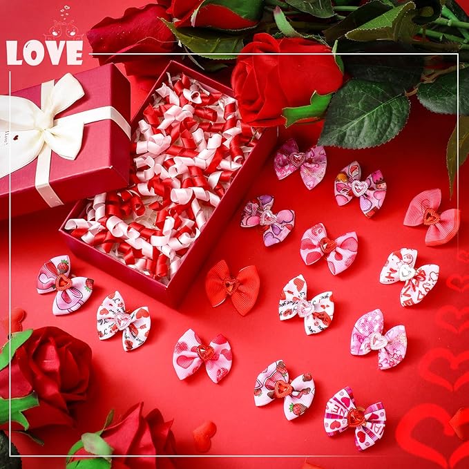 Weewooday 70 Pcs Dogs Hair Holiday Dog Bows Bowtie with Rubber Band Pet Hair Accessories Puppy Bowknot Topknot Pet Grooming Bow for Holiday Christmas Small Puppy Decor(Romantic Style)