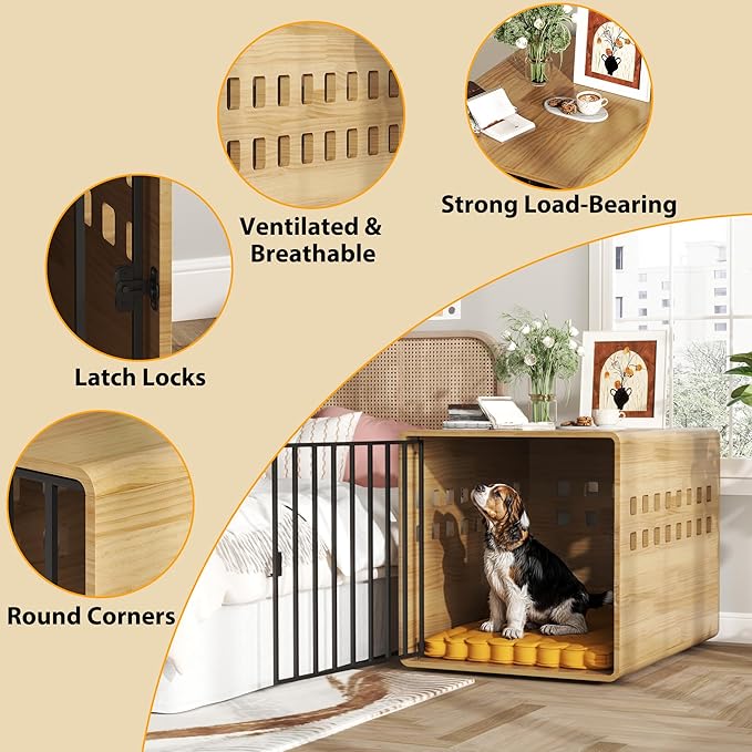 Wooden Furniture Dog Crate for Medium & Small, Solid Wood Puppy Crates for Small Indoor, Decorative Dog Kennel Indoor with Door, Pet House End Table for Bedroom, Living Room, Natural
