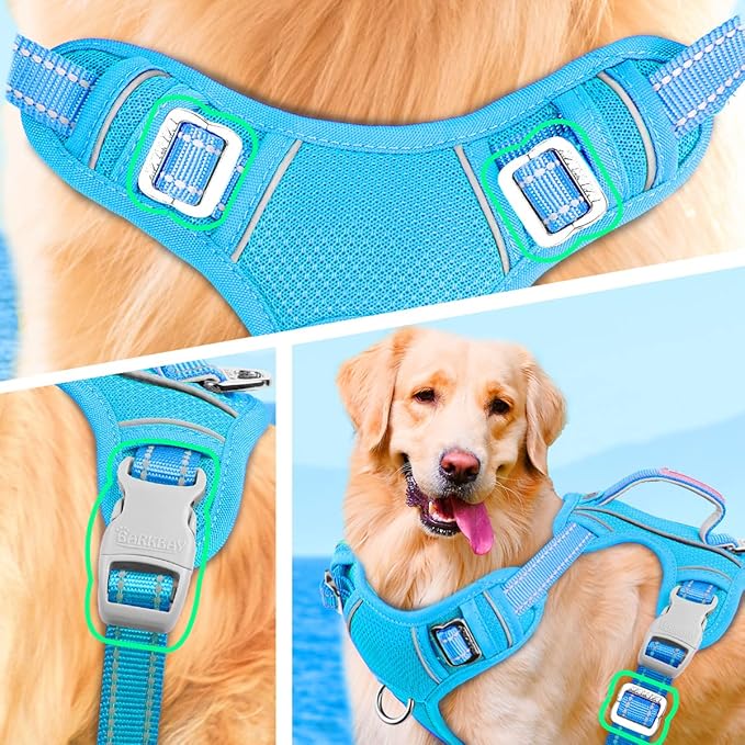 BARKBAY No Pull Dog Harness Large Reflective Dog Harness with Front Clip and Easy Control Handle for Walking Training Running with ID tag Pocket(Blue,M)