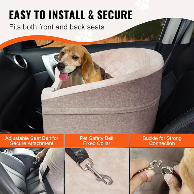 Happybuy Dog Car Seat, Waterproof Dog Booster Seat for Car with A Storage Pocket, Clip-On Safety Leash and Sponge Filling, Dog Car Bed for Small & Medium Dog up to 55lbs, Brown