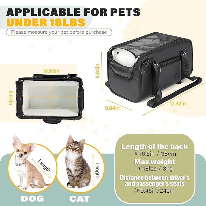 WOYYHO 18lbs Dog Car Seat for Small Dogs with Removable Velvet Liner, Luxury Small Dog Center Console Car Seat Pet Booster CarSeat, Easy Install Stable No Shaking, Waterproof Anti-Slip PU Leather