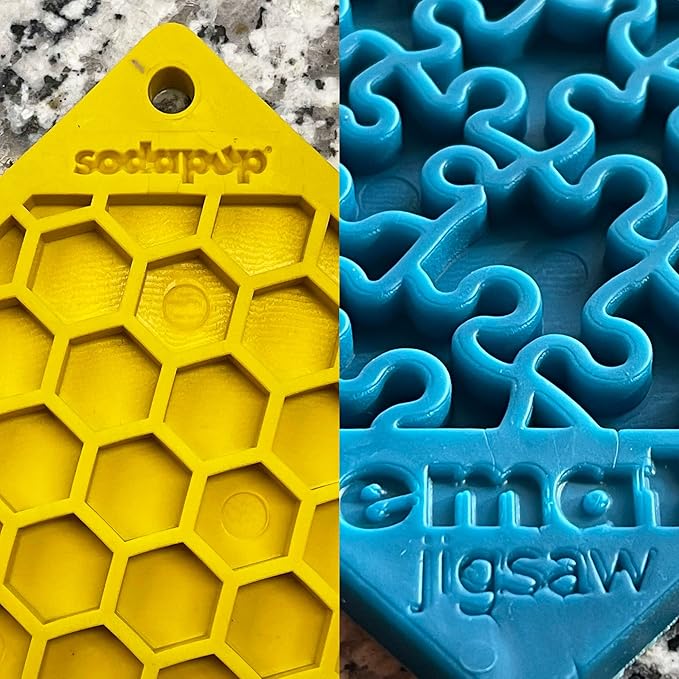 SodaPup Honeycomb & Blue Jigsaw eMat Bundle – Durable Lick Mat Feeder Made in USA from Non-Toxic, Pet-Safe, Food Safe Rubber for Avoiding Overfeeding, Digestive Health, Calming, & More