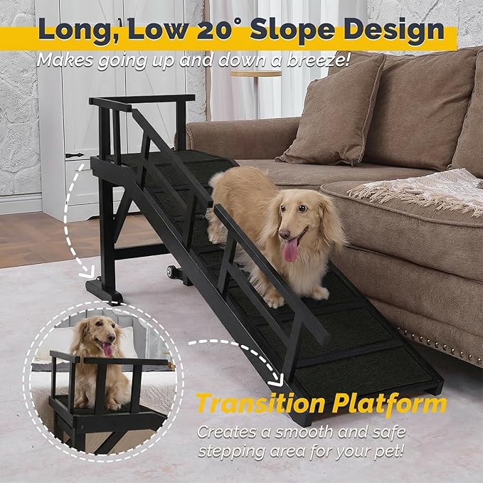Dog Ramp for Bed or Couch, Wooden Pet Ramp with 20° Gentle Slope, Removable Side Rails, Non-Slip Surface, Top Platform & Wheels, Safe Bed Ramp for Small, Medium & Senior Dogs, 60" Long, Black