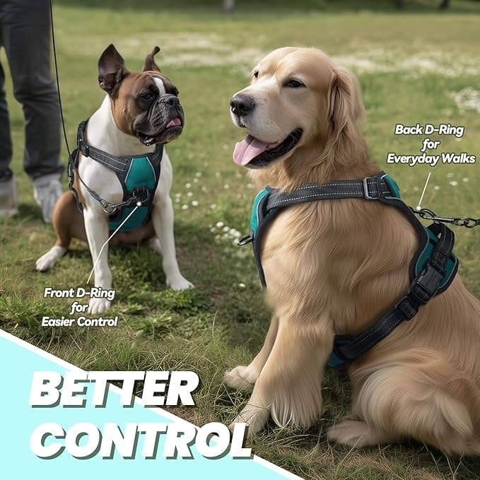 VIVAGLORY Dog Harness Easewalk No Pull Dog Harness with Handle Front Clip & Back Clip for Training Walking Lifting, No Pull Adjustable Easy On Padded Comfortable for Pet, L, Hunter Teal - Plain