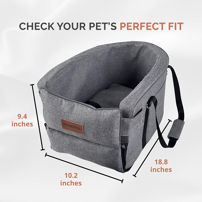Kumdita' Center Console Car Seat & Carrier for Small Dogs & Cats with Dual Over-Seat Straps, Sewn-in Safety Leash & PE Board Base (Grey)