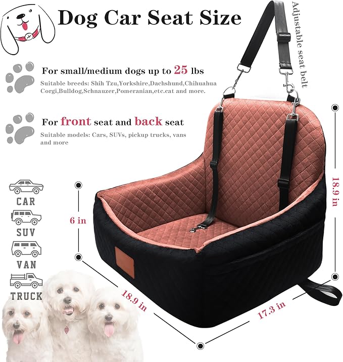 Dog Car Seat for Small/Medium-Sized Under 30 Pounds, Pet Car Seat Travel Bed with 2 Seat Belts and Headrest Seat Belts, Detachable Washable Covers and Side Storage Bags(Black/Brown)