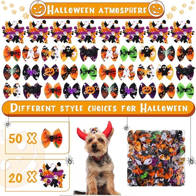 Weewooday 70 Pcs Dogs Hair Holiday Dog Bows Bowtie with Rubber Band Pet Hair Accessories Puppy Bowknot Topknot Pet Grooming Bow for Holiday Christmas Small Puppy Decor(Stylish Style)
