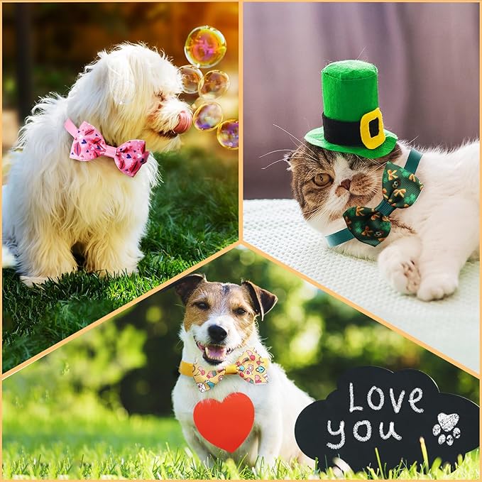 Ceenna 120 Pcs Valentine‘S Day Dog Bow Ties Collar Bulk Red Pink Cat Ties Collars St. Patrick's Day Shamrock Irish Adjustable for Pet Dog Puppy Festival Hair Bow Grooming Accessories