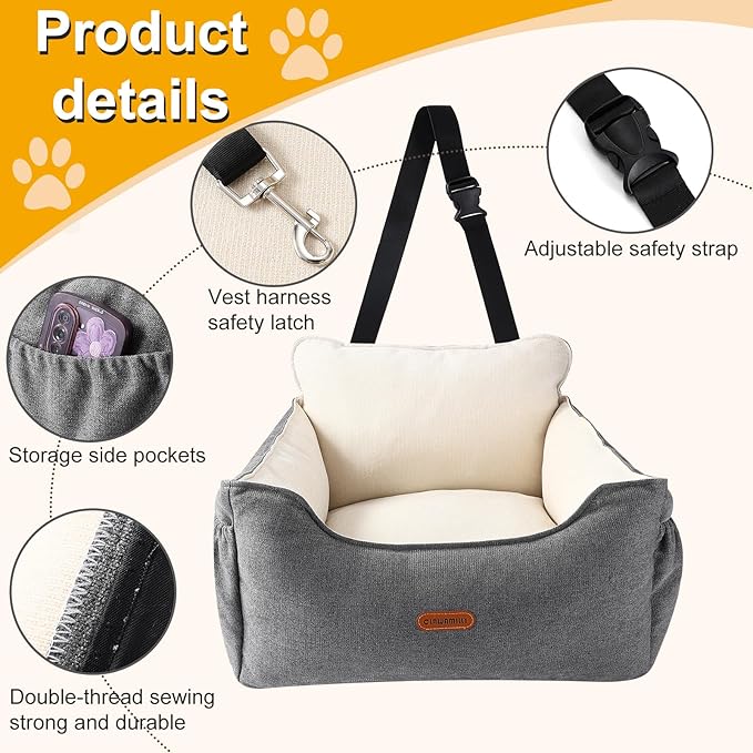 Dog Car Seat for Small Dogs Under 25Lbs, Portable Comfy Safe Puppy Car Seat Travel Bed with Storage Pockets, Fully Detachable Washable Dog Booster Carseats for Front & Back Seats, Gray