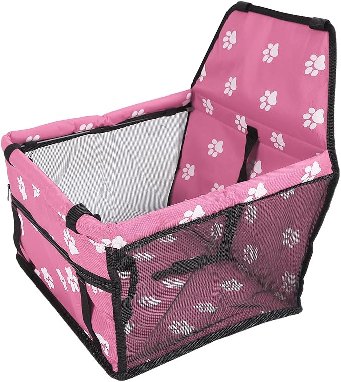 Pet Carrier Cage Dog Car Seat Bear Pattern Washable Foldable Pet Safety Travel Seat with Support Rod for Cars Oxford Cloth Material (Pink paw Print Support Stick Style)