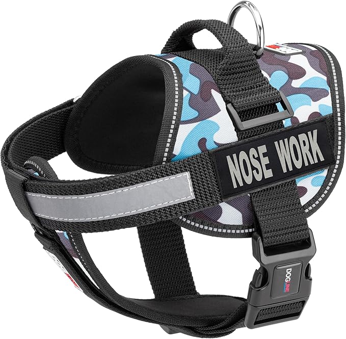 Dogline Unimax Dog Harness Vest with Nose Work Patches Adjustable Straps Breathable Neoprene for Identification Training Dogs Girth 22 to 30 in Blue Camo