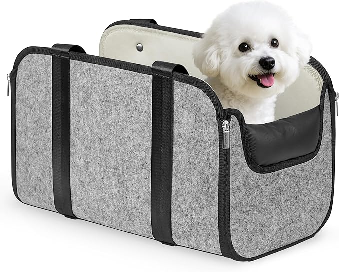 YUDODO Large Console Dog Car Seat (Width＞9in) Fits 0-18lbs, Anti-Slip Puppy Cat Travel Portable Booster Seat, Portable Pet Car Bed Carseat Dual Front & Rear Pillow Gray