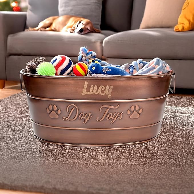 BREKX Personalized Metal Dog Toy Bin - Copper Galvanized Storage Bin with Handles, Basket for Pet Toys, Dog Toy Box, Pet Storage - Custom Dog Name Gift (Large)