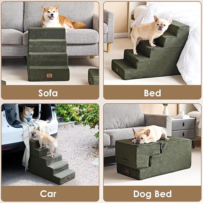 EHEYCIGA Dog Stairs for Bed 18" H, 4-Step Dog Steps for High Bed, Pet Steps for Small Dogs and Cats, Non-Slip Balanced Pet Ramp Indoor, Military Green
