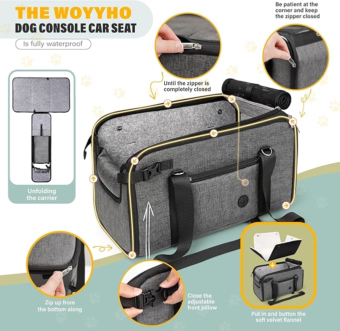WOYYHO 18lbs Dog Car Seat for Small Dogs with Removable Velvet Liner, Luxury Small Dog Center Console Car Seat Pet Booster CarSeat, Easy Install Stable No Shaking, Waterproof Anti-Slip PU Leather