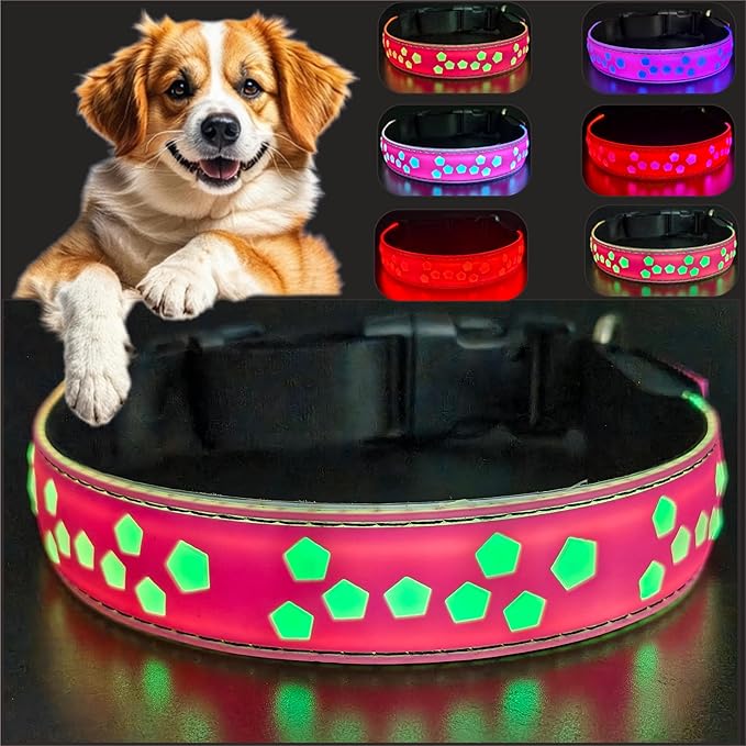 Personalized Light up Black Dog Collar with airtag Holder for Night Walk (Pink Collar 15 Modes Lighting, XL(19.7-23.6"))