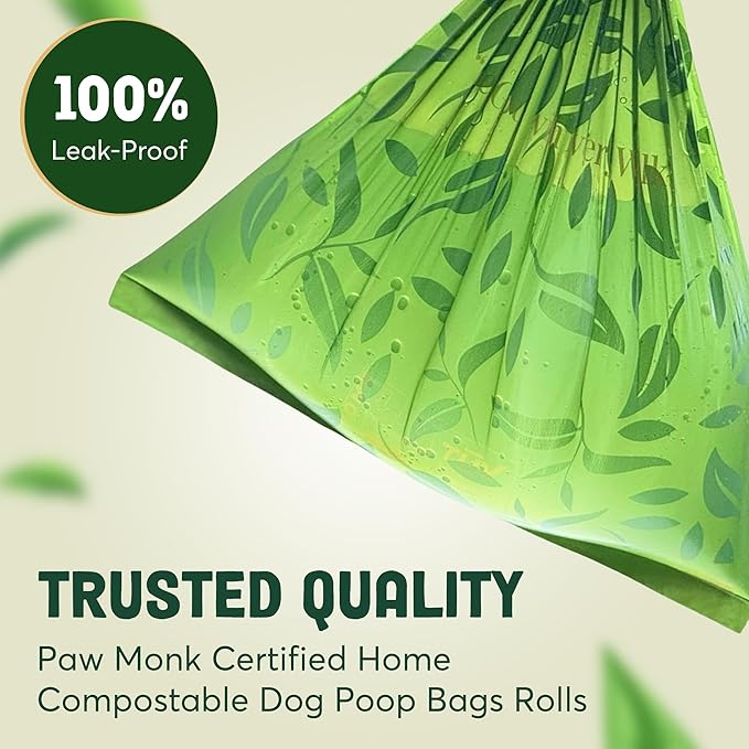 Paw Monk Heavy Duty Certified Home Compostable Dog Poop Bags Rolls Refill – 20 Micron Extra Thick & Leakproof, Easy Open – 120 Bags (8 Rolls)