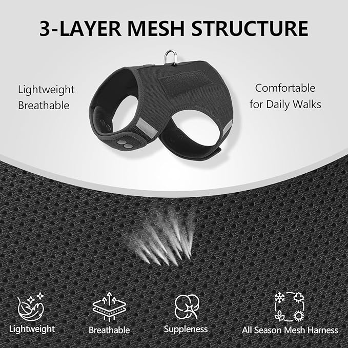 Dog Harness for Puppy – Adjustable Reflective Easy Put On Soft Mesh Vest for Small Dogs with 2 Patches (Black,M)