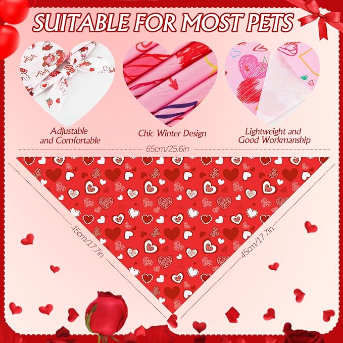 Sanwuta 100 Pcs Valentine's Day Dog Bandanas Bulk and Collar Bow Flower Ties Set 50 Valentine Bandanas 50 Heart Love Dog Collar Pet Triangle Pet Scarf Bowtie for Small Medium Large Costume Outfit