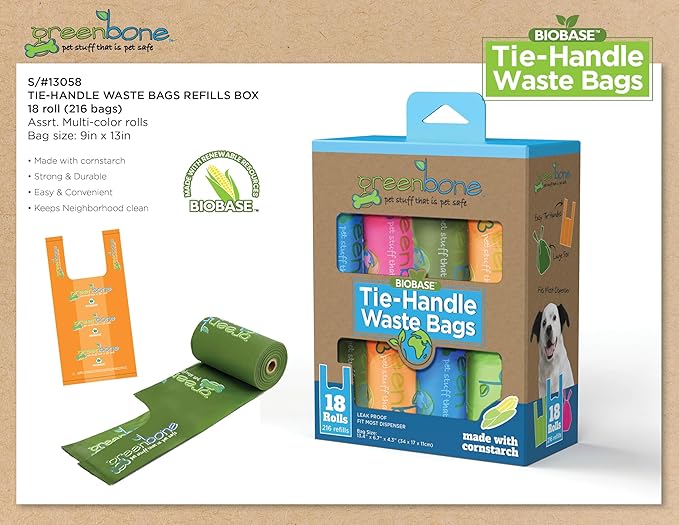 Greenbone BioBase Cat or Dog Poop Bags Rolls with Handle Tie, Large Leak Proof- Pink, Green, Orange, Blue Variety bulk pack -18 rolls - 216 refills