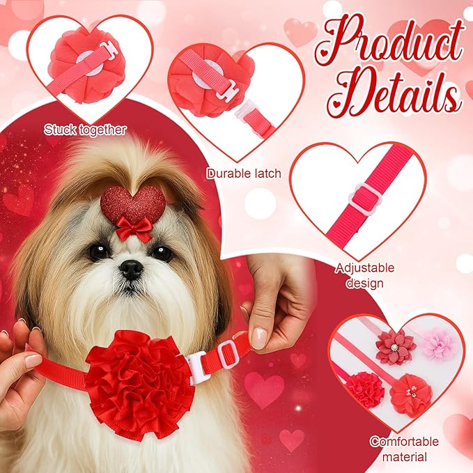 Reginary 100 Pcs Valentine's Day Dog Collar Flowers Bulk Flowers Pet Bows Floral Cat Accessory Adjustable Nylon Multicolor Pet Bowties Floral Collar for Small Pets(Romantic Color)