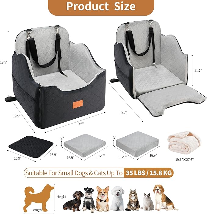 XEEP Dog Car Seat Bed for Small/Medium Dogs – 2 in 1 Car Seat for Dogs Up to 35 lbs -Use Travel Booster Seat with Memory Foam, Safety Belt, Bonus Urine Pad & Blanket, Removable Washable Cover, Grey