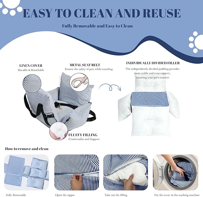 Daneey Small Dog Car Seat for Small Dogs under 15 lbs, Dog Booster Seat for Car, Fully Detachable Washable Dog Car Bed for Car Travel, Non-slip Safety Pet Car Seat with Seat Belt, Blue