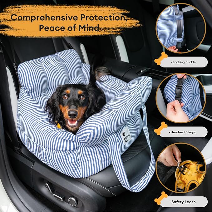 Funny Fuzzy Dog Car Booster Seat for Small Medium Dogs Up to 25lbs, Waterproof Fabric with Non-Slip Base & Safety Leash, Fully Detachable & Machine Washable (Light Blue)