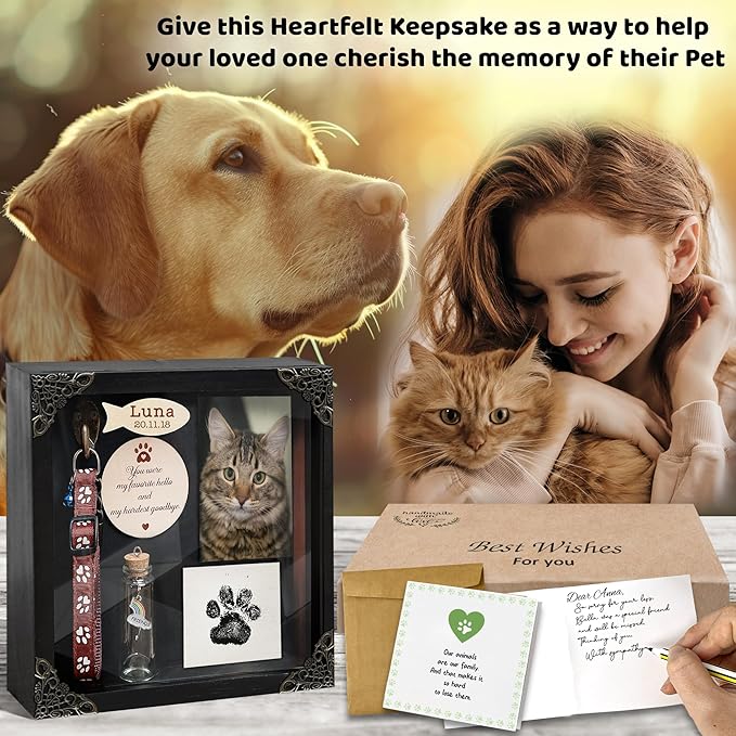 Personalized Shadow Box Cat Memorial Gift Collar Holder Picture Frame Sympathy Wood Pet Dog Cat Sculptures Fur Jar Rainbow Bridge Hair Teeth Keepsake Idea Gift for Pet Lover Tabletop Wall Hanging