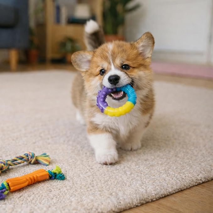 Pupstages Orka Puppy 3 Pack Dental Chew Toys, Multi-Textured, Tug Rope & Fetch, Teething Puppies & Small Dogs, 10.5"