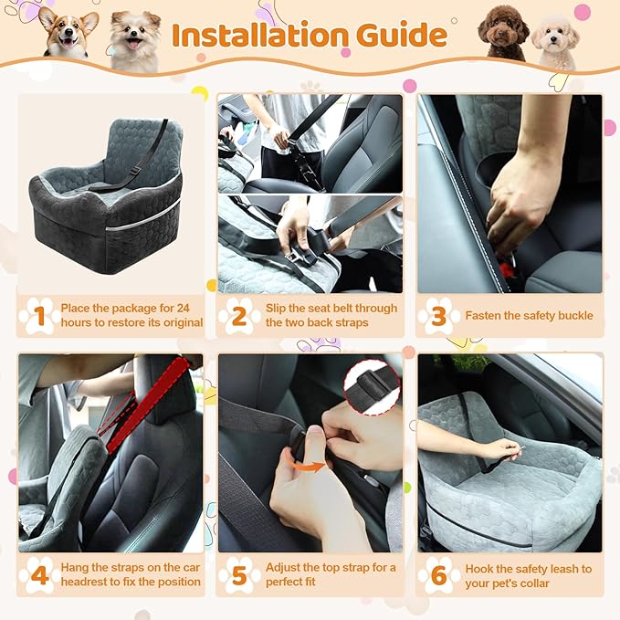Dog Car Seat for Small/Medium Dogs - Puppy Car Seat Under 35 lbs with Thick Elevated Cushion & Safety Belt for Travel - Detachable & Washable Dog Booster Seat with 2 Sides Storage Pockets(Black/Gray)
