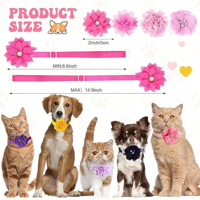 Reginary 100 Pcs Valentine's Day Dog Collar Flowers Bulk Flowers Pet Bows Floral Cat Accessory Adjustable Nylon Multicolor Pet Bowties Floral Collar for Small Pets(Classic Color)