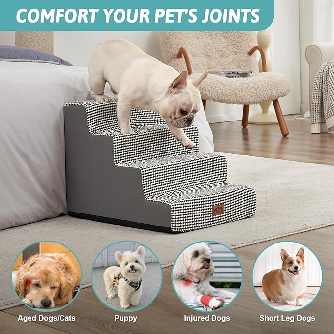 Dog Stairs for Small Dogs, 17.7" Extra Wide Right-Angle Pet Stairs for Couch and Beds, Anti-Slip Dog Steps for Old Cats and Lowrider, 17.7x23.6x17.7 inch,White Black
