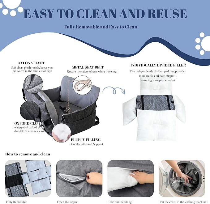 Daneey Dog Car Seat for Medium Dogs, Dog Booster Seat for Car, Fully Detachable Washable Dog Car Bed for Car Travel, Non-slip Safety Pet Car Seat with Seat Belt, Gray