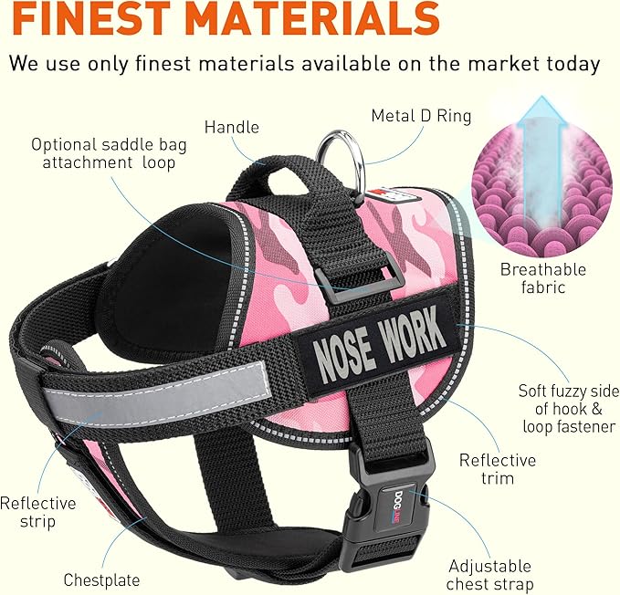 Dogline Unimax Dog Harness Vest with Nose Work Patches Adjustable Straps Breathable Neoprene for Identification Training Dogs Girth 22 to 30 in Pink Camo