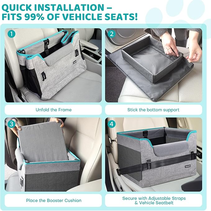 Dog Car Seats for Small Dogs, Pet Booster Seat Under 20 lbs, Puppy Car Seat with Folded Metal Frame and Raised Cushion, Enhanced Version