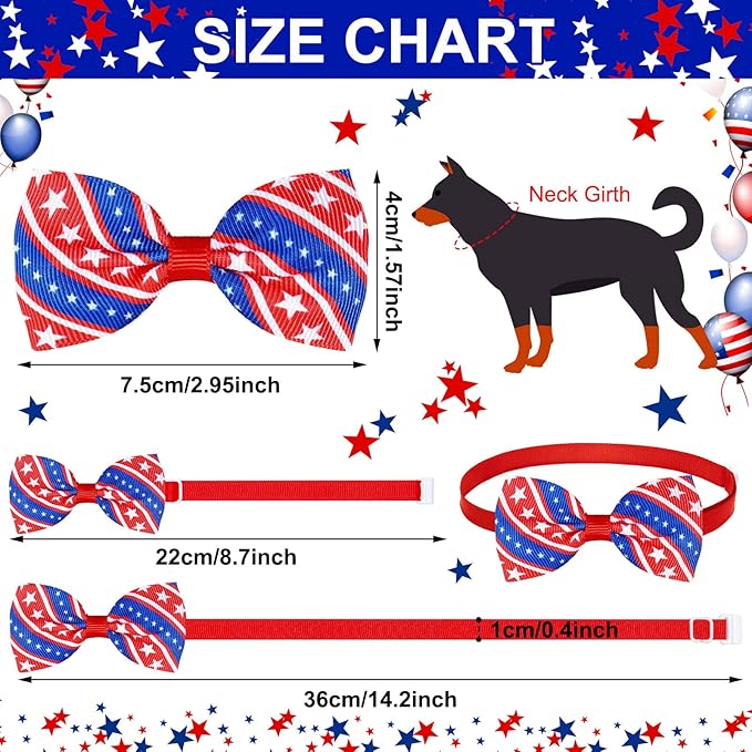Eccliy 120 Pcs 4th of July Patriotic Dog Bow Ties Independence Day Red White Blue Bow Ties Dog Collars American USA Memorial Day Patriotic Bowties Neckties Adjustable Basic Pet Collars Accessories
