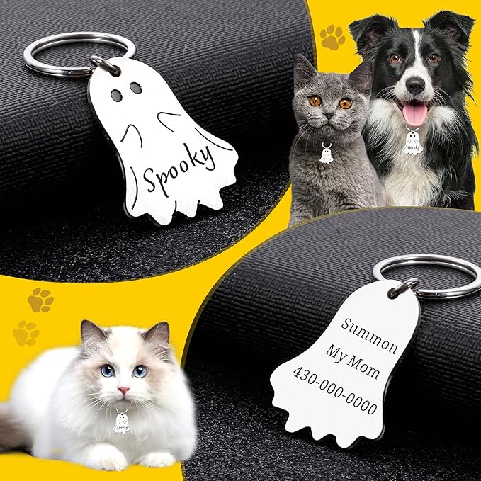 Personalized Christmas Dog Collar Tag – Goth Ghost Bat Pet ID Tags for Dogs & Cats, Christmas Accessories for Pet, Xmas Stocking Stuffers,Cute Winter Gifts for Pets (Ghost-Shaped ID Tag)