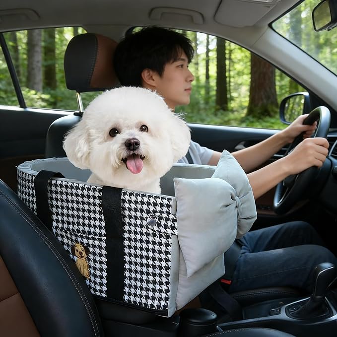 Center Console Dog Car Seat- Portable Pet Travel Bag with Safety Tethers and Removable Cooling Mat, Suitable for Small dags（Gray.