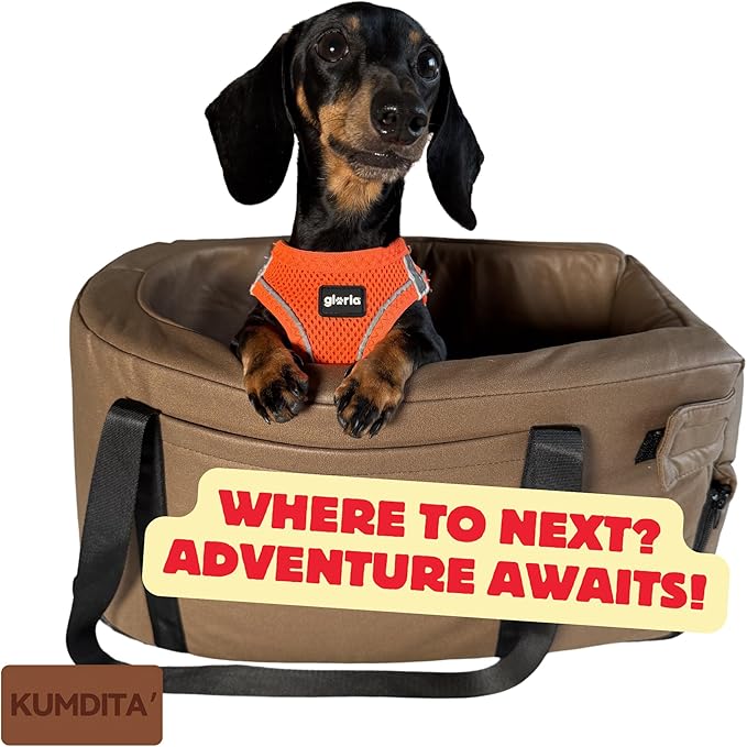 Kumdita' Center Console Dog Car Seat & Carrier for Small Dogs & Cats – Portable Booster with Sewn-in Leash, Machine Washable, Fits Most Vehicles (Brown)