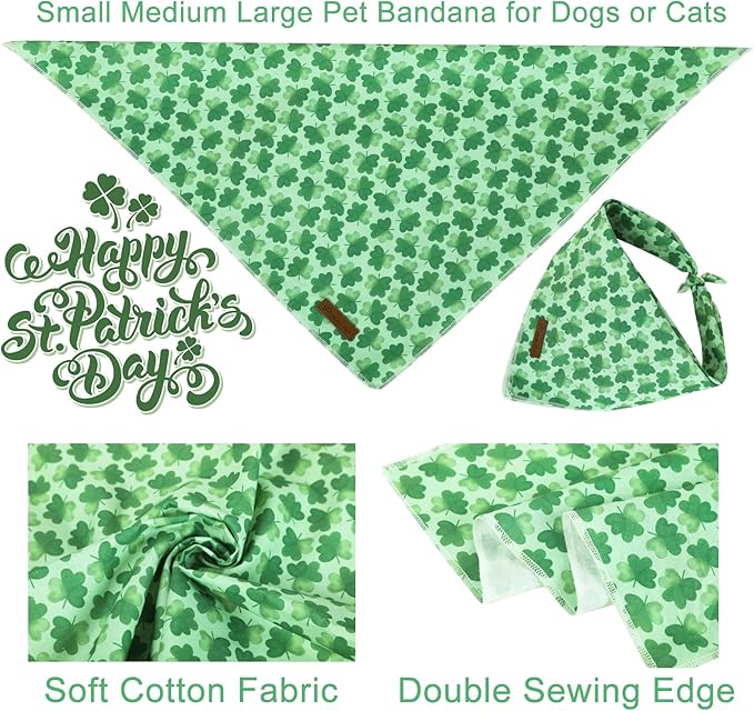 St. Patrick's Day Dog Bandana, Shamrock Triangle Bid Scarf, Cotton Green Bandana for Boy & Girl Dogs, Cute Spring Dog Kerchief
