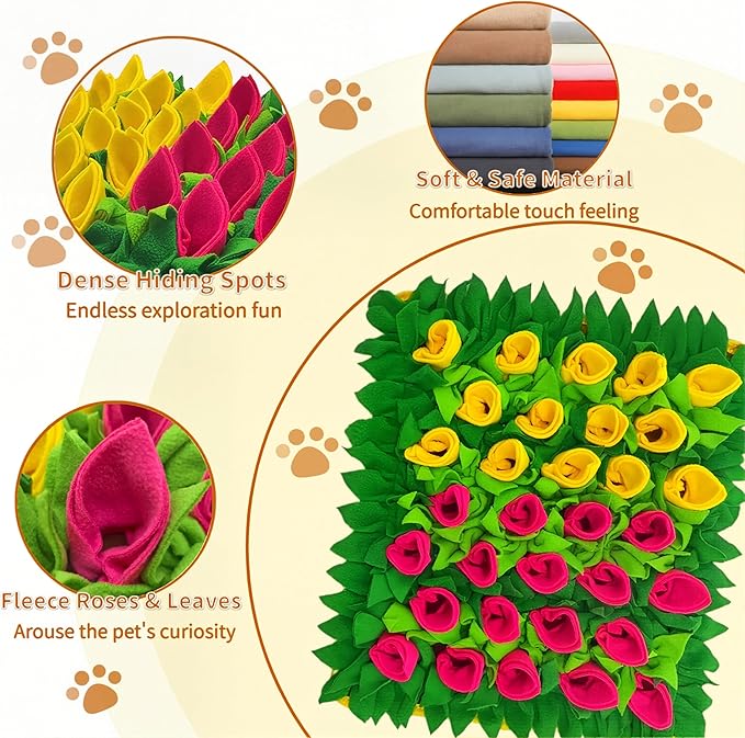 Snuffle Mat for Dogs, Cats, Rabbits, Guinea Pigs, Durable Washable Pet Feeding Mat, Flower & Grass Slow Feeder, Nose Work Training Pad, Anxiety Relief & Mental Stimulation(S, Yellow/Rose Red)