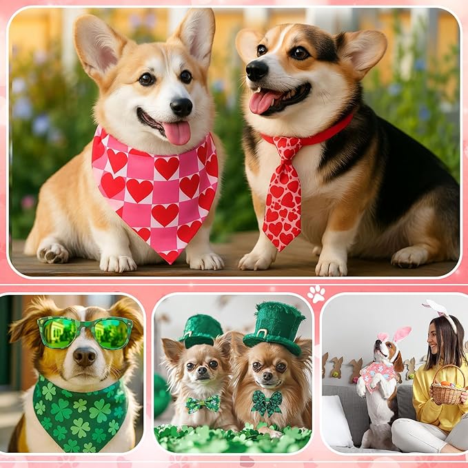 Reginary 120 Pcs Valentine St. Patrick's Day Easter Dog Bandanas Bulk Dog Bows Set Bow Ties Cat Scarf Colorful Washable Triangle Pet Kerchief Cute Bib for Small Medium Large Pets Grooming Accessories