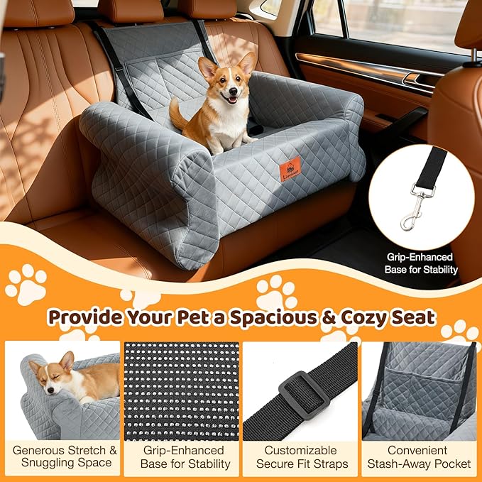 Dog Car Seat for Medium/Large Dogs up to 60 lbs, Memory Foam Dog Booster Seat with Thick Cushion, Pet Car Seat for Back with Detachable Washable Cover, Storage Pockets for SUV, Pick Up, Trunk, Grey