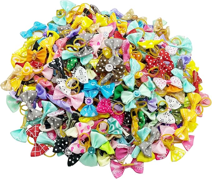 Dog Hair Bows, Random Mix Rubber Bands Metal Clips Styles Dog Bows with Rhinestone Pearls Flowers Topknot Mix Styles for Puppy Small Pets(Random 100 pcs)