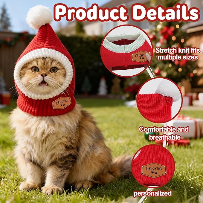 Custom Dog Beanie with Leather Patch Name, Personalized Santa Hat for Dog, 2025 Christmas Hats for Dog & Cat, Pom Pom Winter Hat for Small Medium Large Dogs Cats