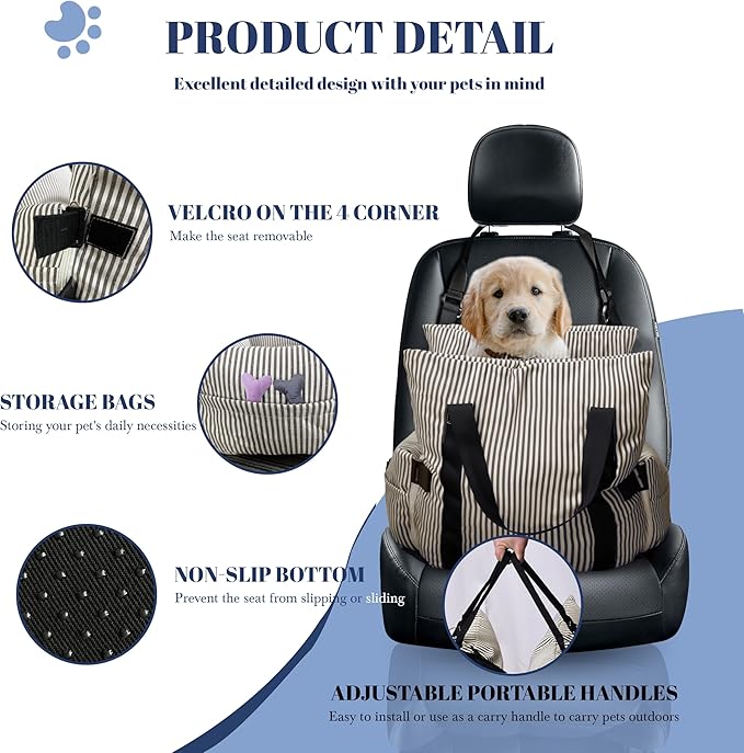 Daneey Small Dog Car Seat for Small Dogs Under 15 lbs, Dog Booster Seat for Car, Fully Detachable Washable Dog Car Bed for Car Travel, Non-Slip Safety Pet Car Seat with Seat Belt, Brown