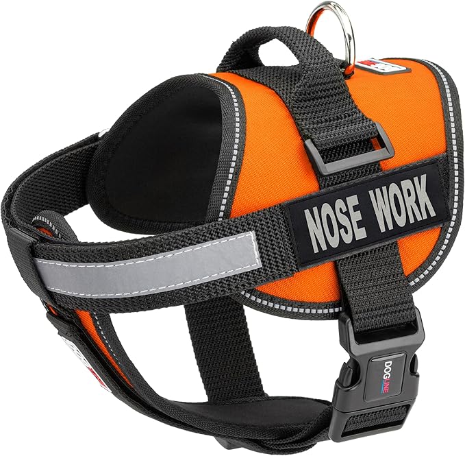 Dogline Unimax Dog Harness Vest with Nose Work Patches Adjustable Straps Breathable Neoprene for Identification Training Dogs Girth 15 to 19 in Orange